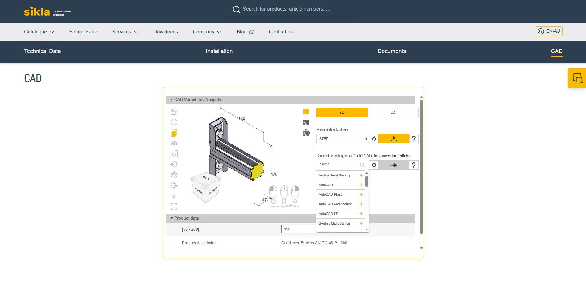Sikla website CAD view showing a 3D model of a cantilever bracket with dimensions, alongside options to download or insert the file into CAD software such as AutoCAD and Revit